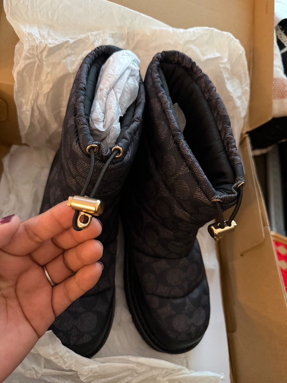 Coach Black Quilted Logo Winter Pull-On Boots with Gold Hardware